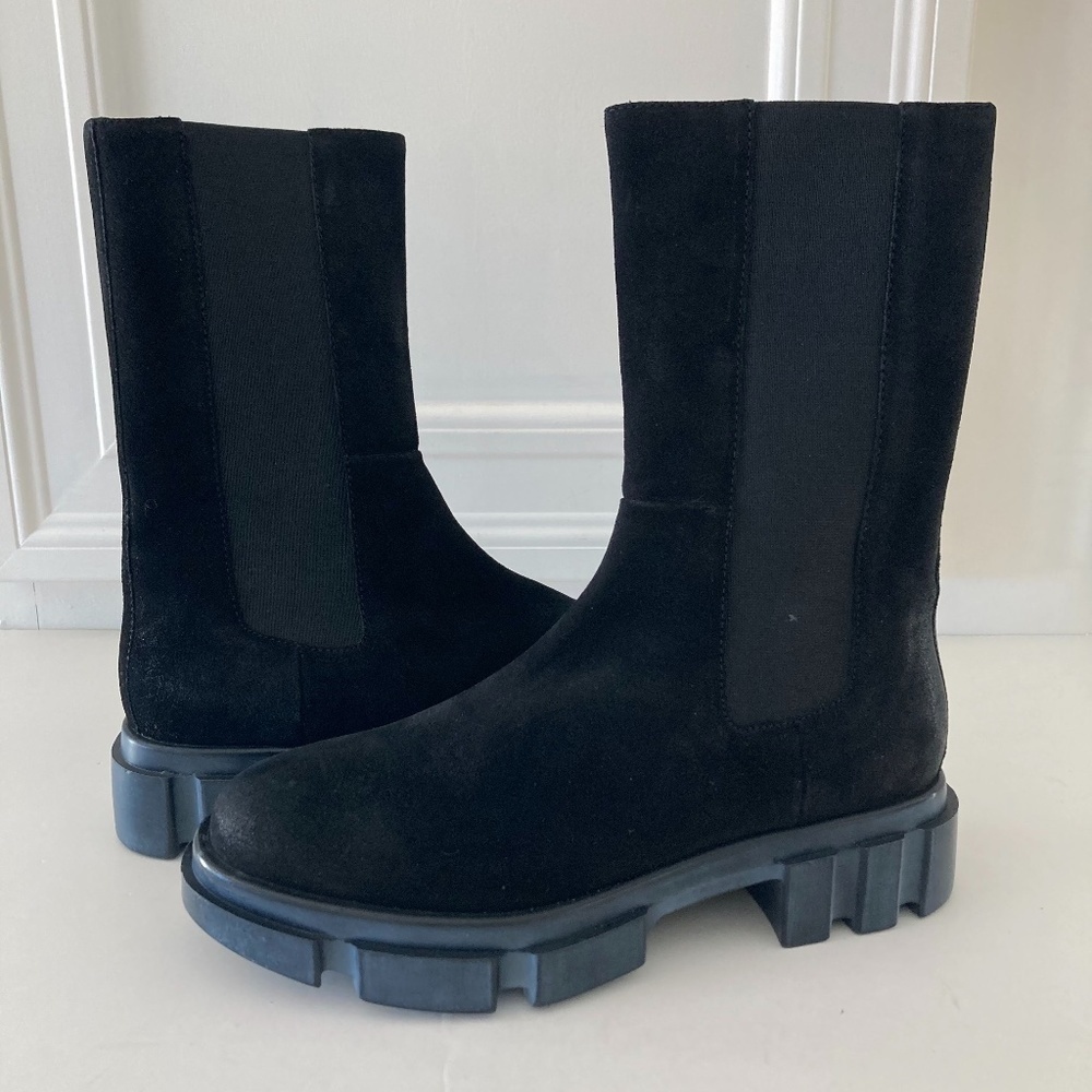 NWOT Free People Brooks Mid Calf Black Suede Chelsea Boots Sz 38.5